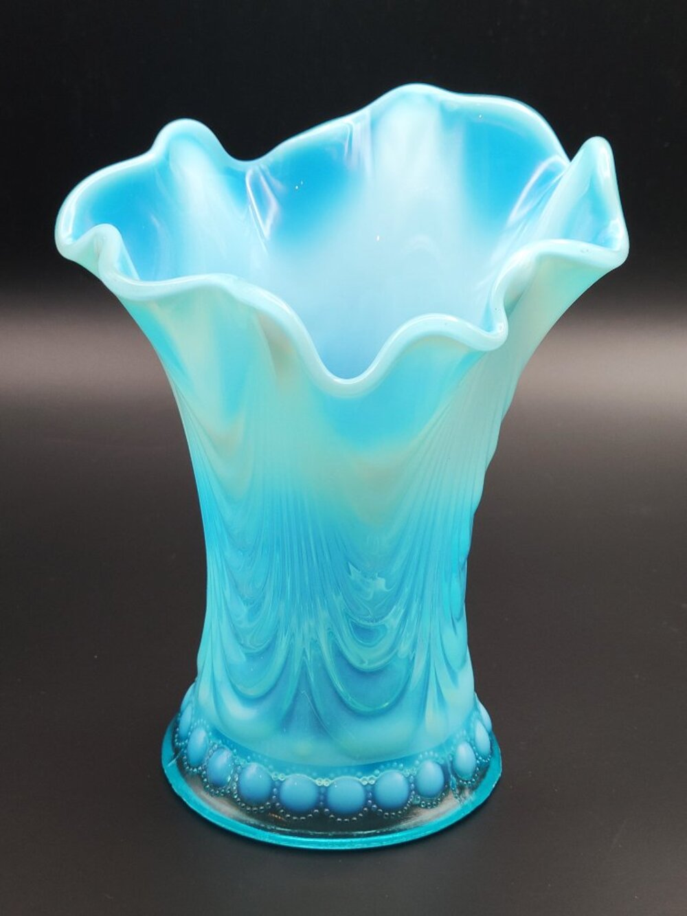 Antique Northwood Jewel & Drapery Swung Vase Blue Opalescent Glass 7"